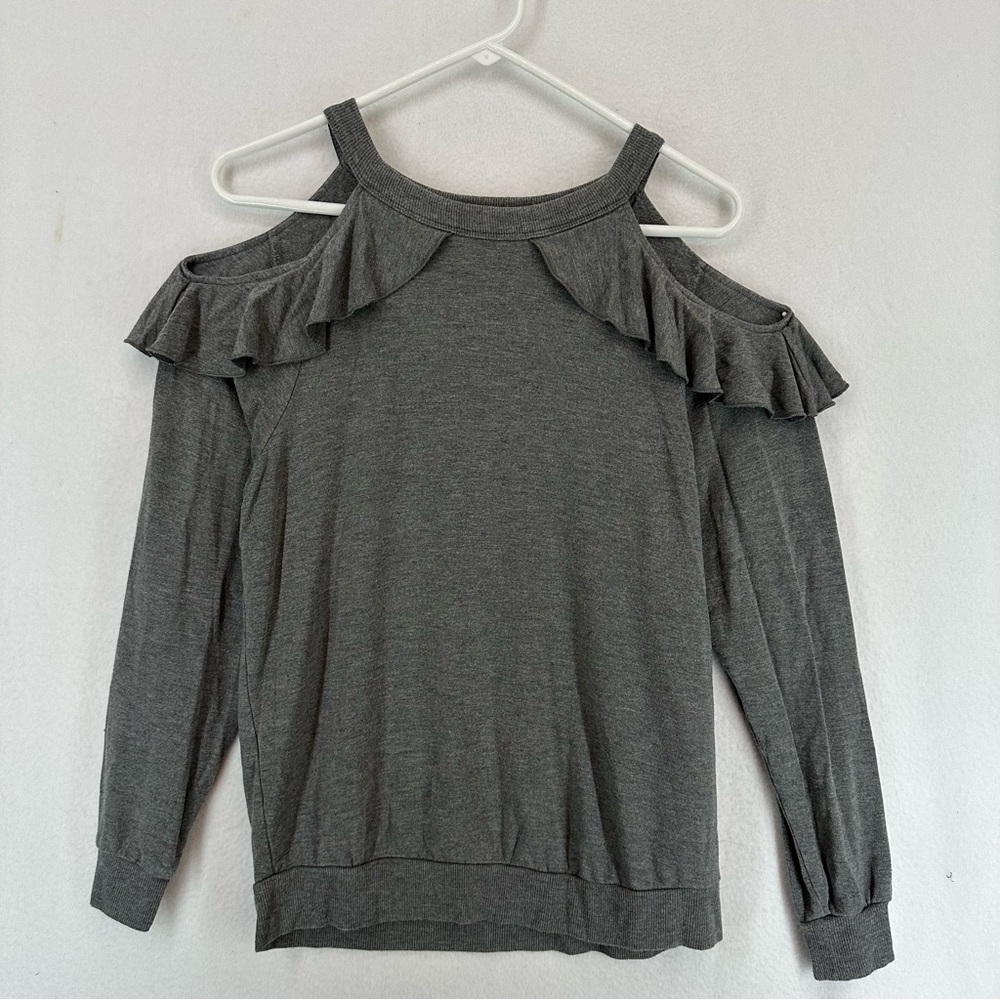 Express One Eleven Cold Shoulder Ruffle Crewneck Sweater XS Gray